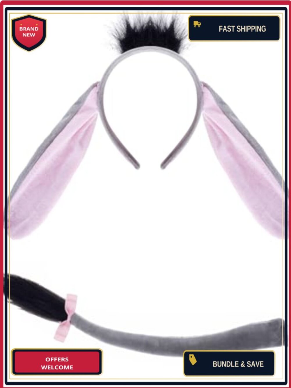 Donkey Costume Accessory Set Ears Headband & Tail Adult Halloween